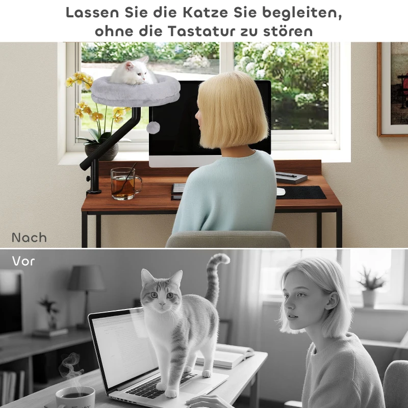 PawHut kattenbed voor bureau, kattenbed voor bureau met 360° draaibaarheid, in hoogte verstelbaar, kattenligbed met afneembaar en wasmachinebestendig kussen, voor katten tot 6 kg, thuiswerkplek, grijs