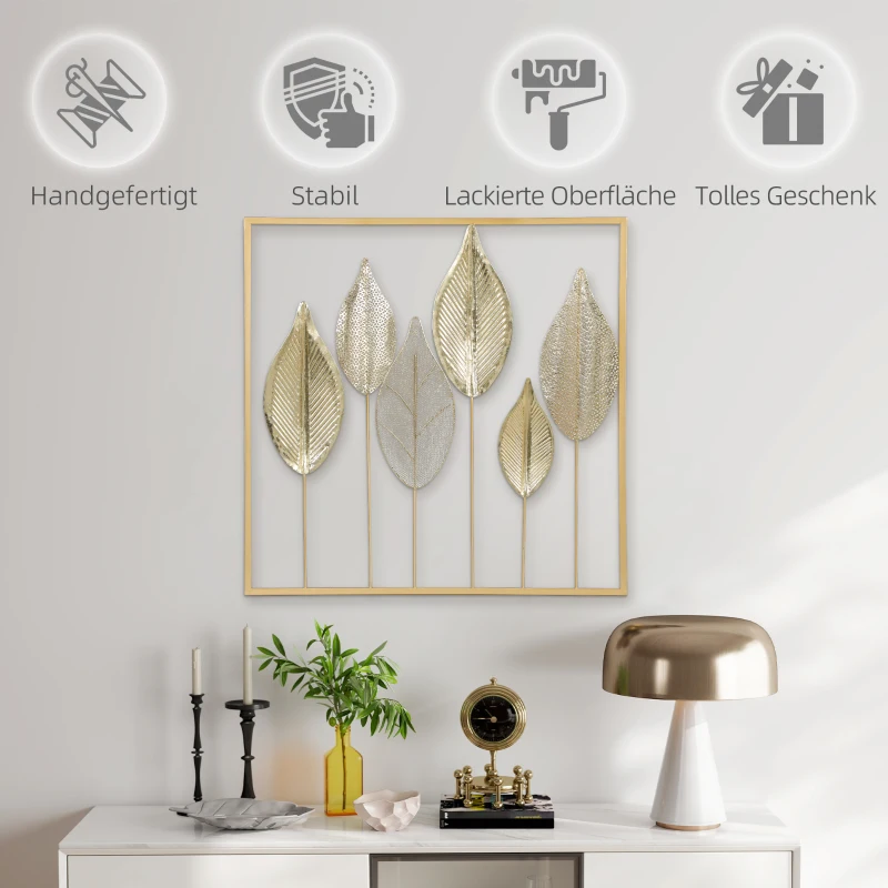 HOMCOM Metallrahmen mit Blattdesign, Wandschmuck, moderner Stil, Goldfarben