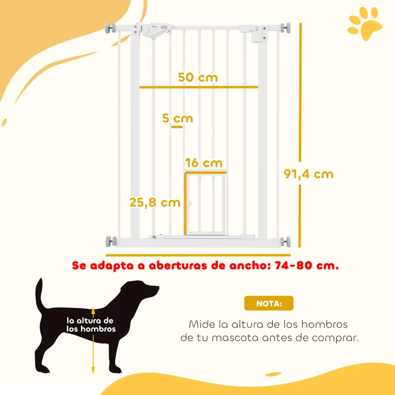 PawHut Barrera de Seguridad para Perros Barrera para Mascotas Extensible con Puerta Pequeño Cierre Automático y Sistema de Doble Bloqueo para Puerta Pasillo Escalera 74-80x91,4 cm Blanco