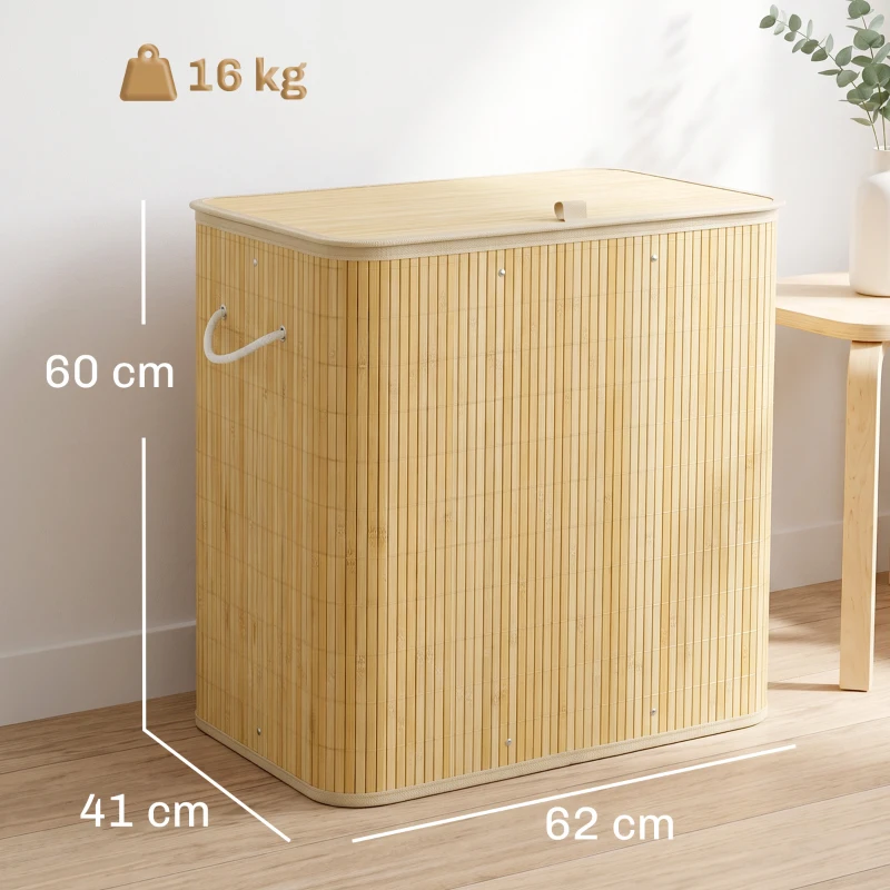 HOMCOM Pfandflaschen Sammelbehälter mit Deckel 150L, Bambus Pfandflaschen Organizer mit Zwei Tasche für Küche