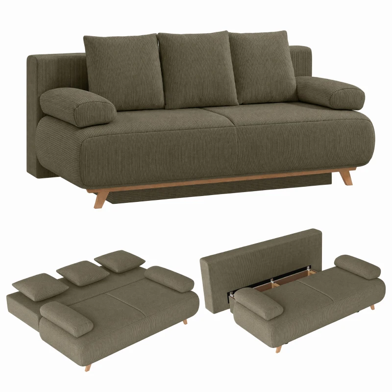 HOMCOM Schlafsofa mit verstellbarer Rückenlehne, Bettfunktion, verstecktem Stauraum und Cordbezug, Dunkelgrün