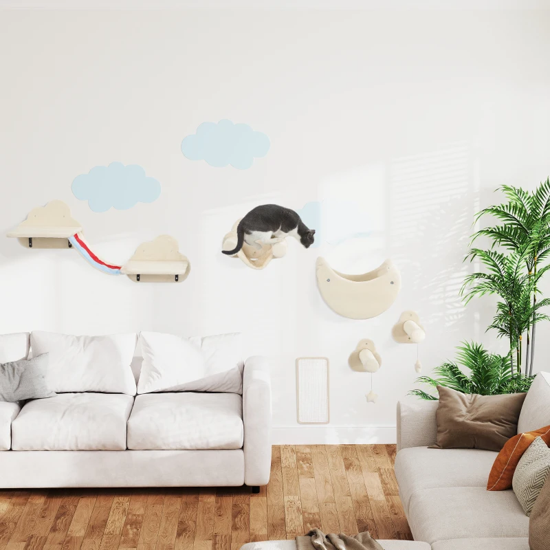 PawHut Juego de Escalada para Gatos de Pared de 6 Piezas con Hamacas Plataformas Tabla Rascador Escaleras y Estrellas Beige