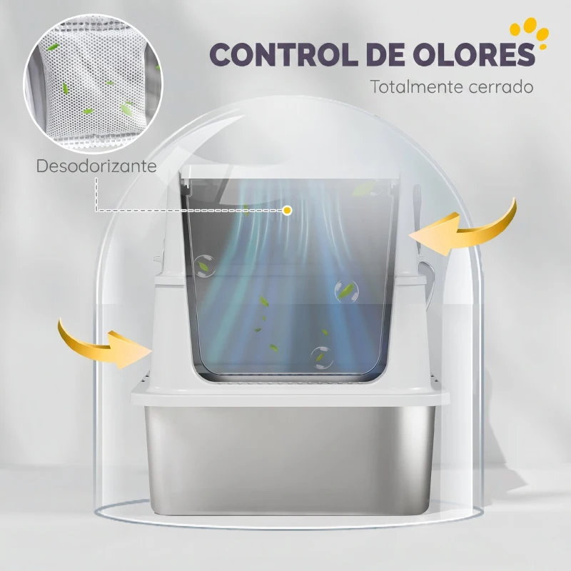 PawHut Arenero para Gatos de Acero Inoxidable XL Cerrado con Tapa Abatible Borde Alto Pala Metálica Antifugas Gris Claro