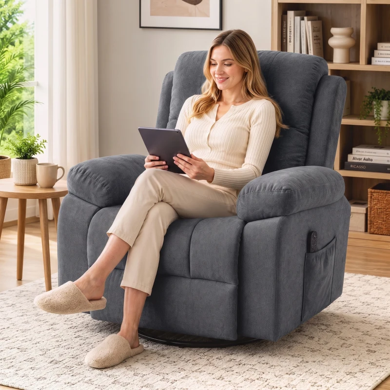 HOMCOM Sillón relax para TV, sillón de masaje giratorio 360° con calor y vibración, efecto chenilla, Gris oscuro