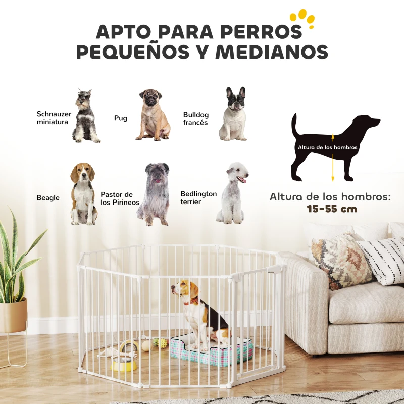 PawHut Barrera para Perros Plegable Valla para Mascotas de 8 Paneles Puerta con Cierre Doble para Escalera Pasillo Blanco