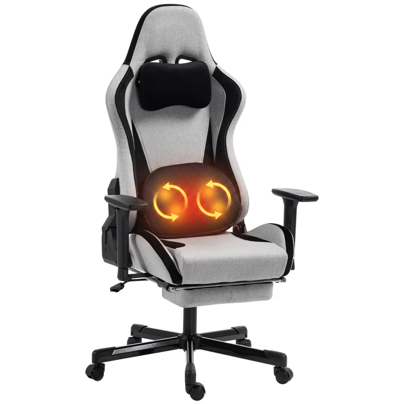 HOMCOM Scaun Gaming Ergonomic cu Masaj încălzit, Suport Picioare, Textil, Gri