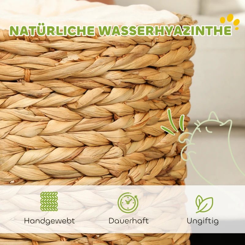 PawHut Krabton, 50 cm, 2 Grotten, Kussen, Krabpaal met Kattenbed, Kattentoren van Waterhyacint, Lichtbruin