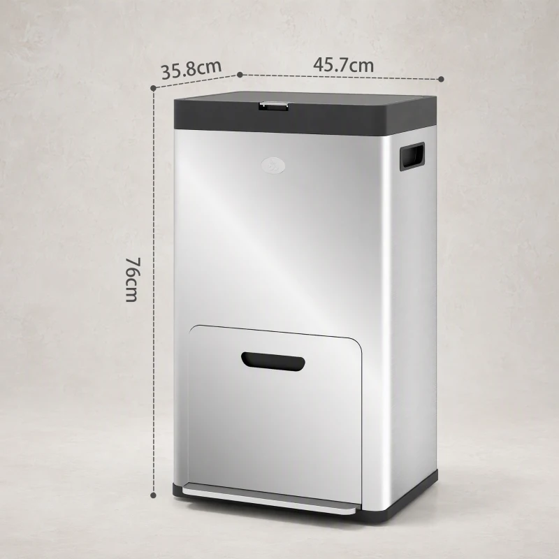 HOMCOM 56L Triple Compartment Stainless Steel Kitchen Bin, with Deodoriser Holders and Wheels - Silver Tone
