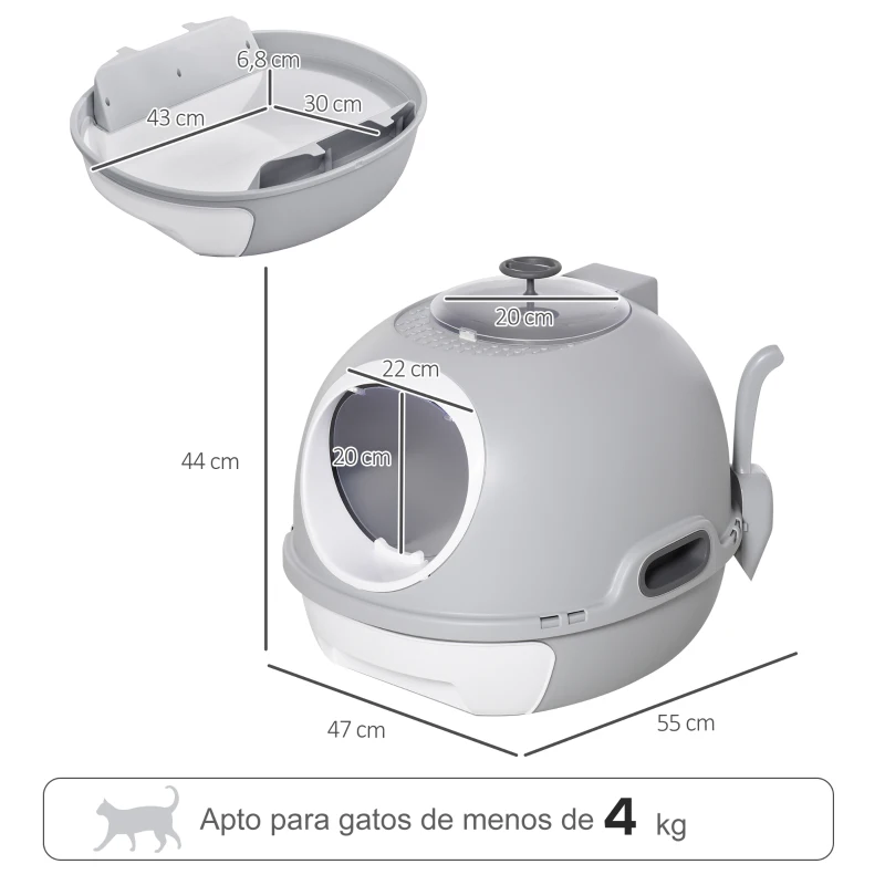 PawHut Caja de Arena para Gatos Arenero Cerrado con Claraboya Abatible Bandeja Extraíble y Pala 47x55x44 cm Gris