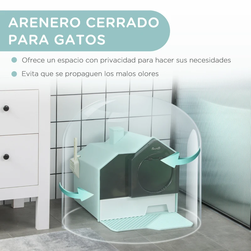 PawHut Arenero para Gatos Caja de Arena Cerrada con Bandeja Extraíble Pala y Filtro Desodorizante 47x45x42 cm Turquesa