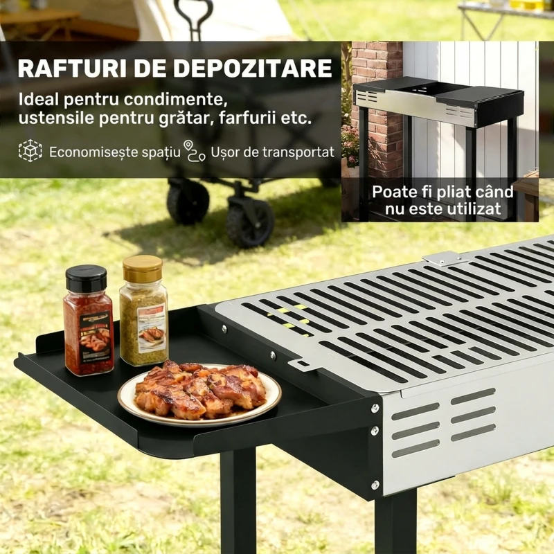 Outsunny Grătar pe Cărbune cu 3 Niveluri, Rafturi Pliabile și Rotisor, din Oțel Inoxidabil, 118x32x90 cm, Negru