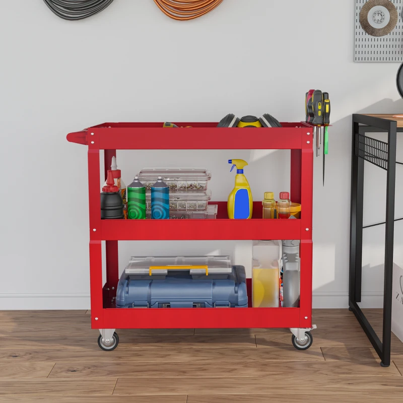 DURHAND Carro de Taller de Acero con 3 Estantes de Almacenamiento y Asa Lateral Carga 150 kg 83x35,3x76 cm Rojo