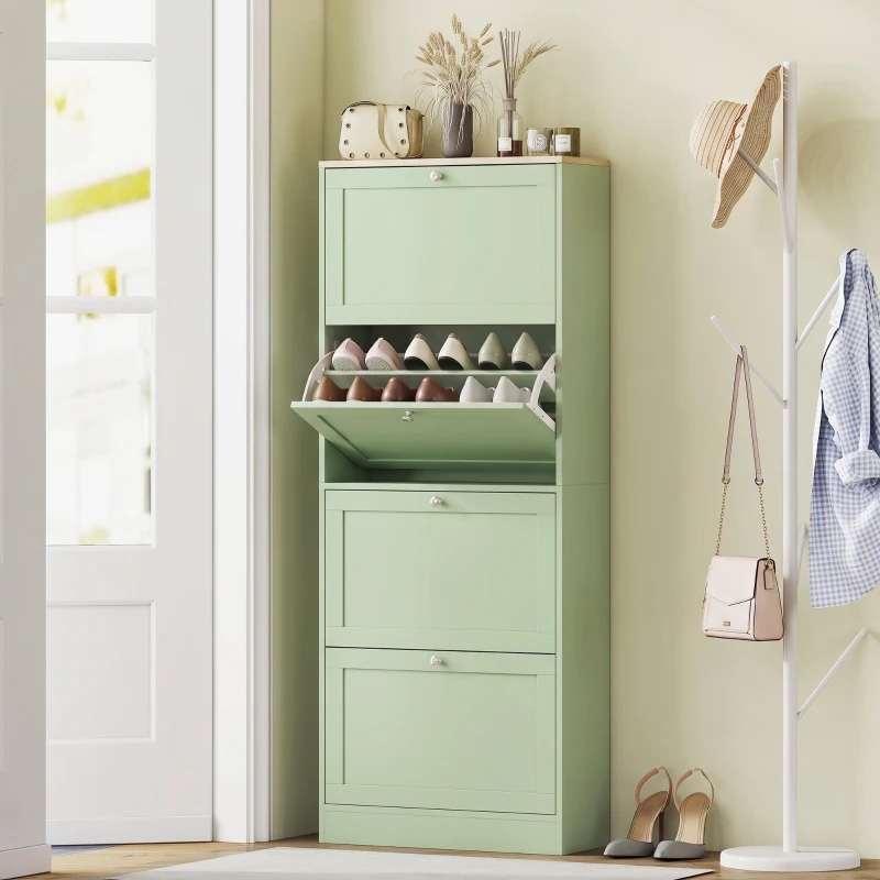 HOMCOM Dulap pentru încălțăminte 24 perechi, dulap cu 4 sertare rabatabile, polițe reglabile, 60x23,5x153cm, verde
