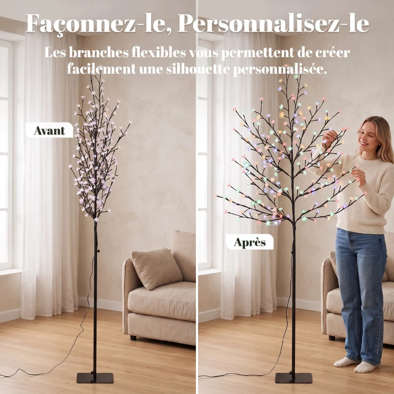 HOMCOM Arbre lumineux 180cm Cerisier Artificiel Lumineux  200 LED et 20 Branches Flexibles, Décoration Intérieure et Extérieure