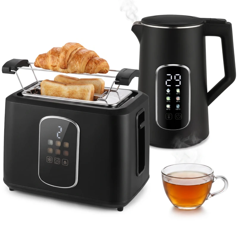 HOMCOM Kettle and Toaster Set with LED Touch Screen, Kettle with Strix Thermostat, 2 Slice Toaster w/ 6 Browning Levels, Black