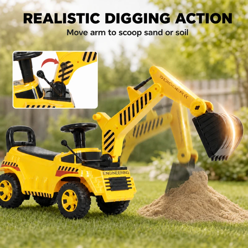AIYAPLAY Kids Ride on Digger, Toddler Construction Toy Car with Security Helmet, Horn, Detachable Digging Arm