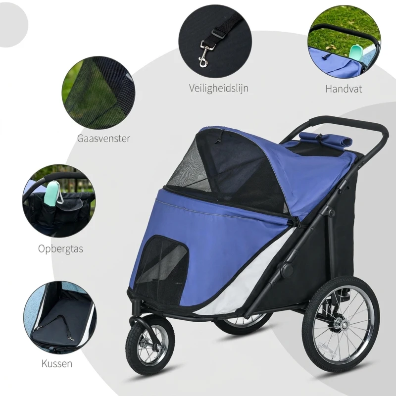 PawHut Hondenbuggy, opvouwbaar, opklapbaar, ligkussen, stalen frame, Blauw/Zwart(m-6)