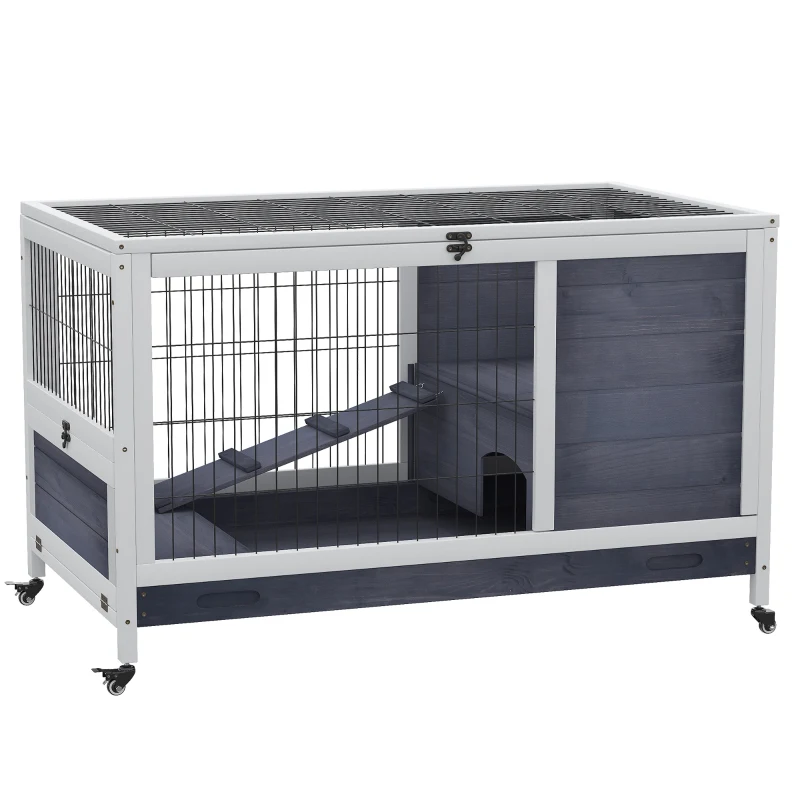 PawHut Jaula de Conejos Conejera para Mascotas Pequeñas con Techo Abrible y Bandeja Extraíble 90x53x59 cm Gris y Blanco