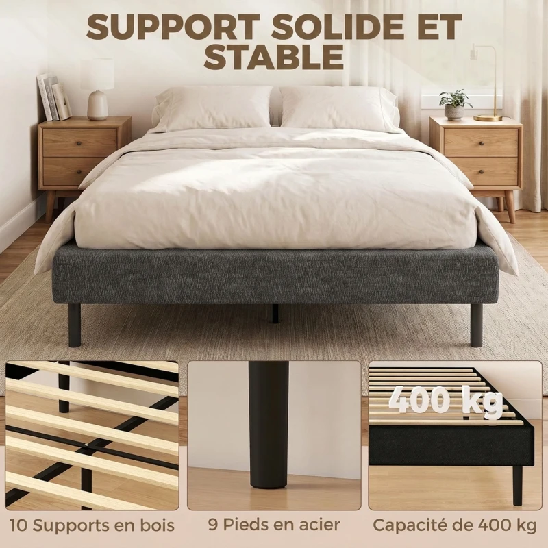HOMCOM Sommier Tapissier 140x190 cm, Cadre de Lit avec Revêtement en Chenille, 10 Lattes Bois, 9 Pieds Stables, Gris