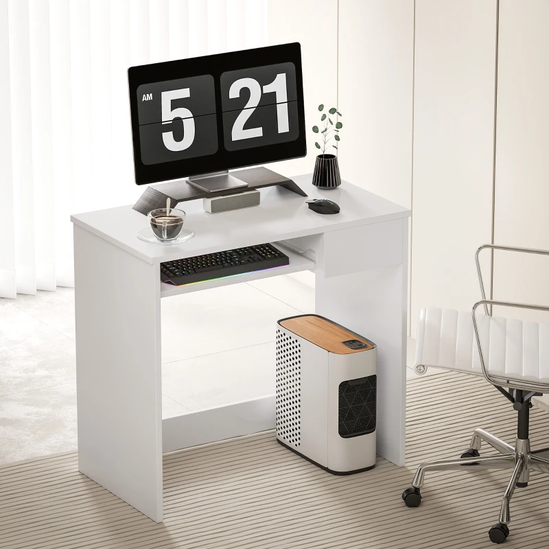 HOMCOM 80cm Compact Computer Desk with Keyboard Tray, Home Office Desk with Drawer for Bedroom Study, White