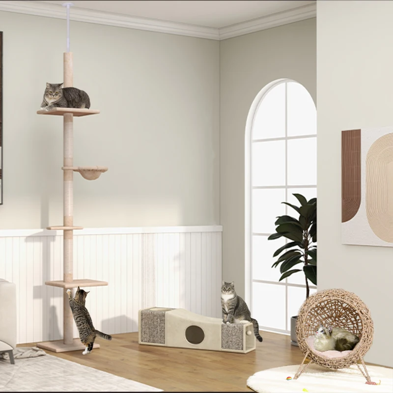 PawHut kattenboom krabboom kattenkrabboom met sisalpalen in hoogte verstelbaar beige(m-9)
