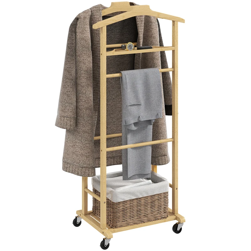 HOMCOM Portant à vêtements sur roulettes, porte-manteaux en bambou, double cintre intégré, 47 x 33,7 x 105,5 cm, bois naturel