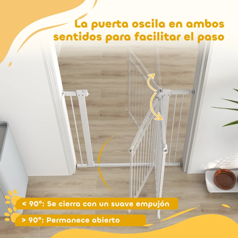 PawHut Puerta para Perros con Ancho Ajustable 76-104 cm Barrera de Seguridad con 2 Extensiones y Doble Bloqueo Blanco