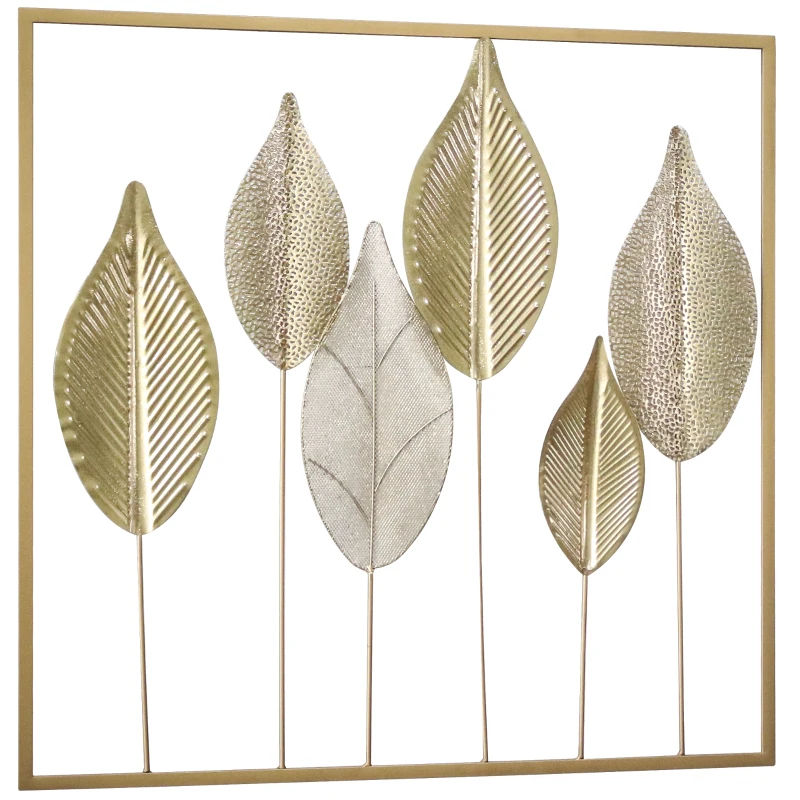 HOMCOM Metallrahmen mit Blattdesign, Wandschmuck, moderner Stil, Goldfarben