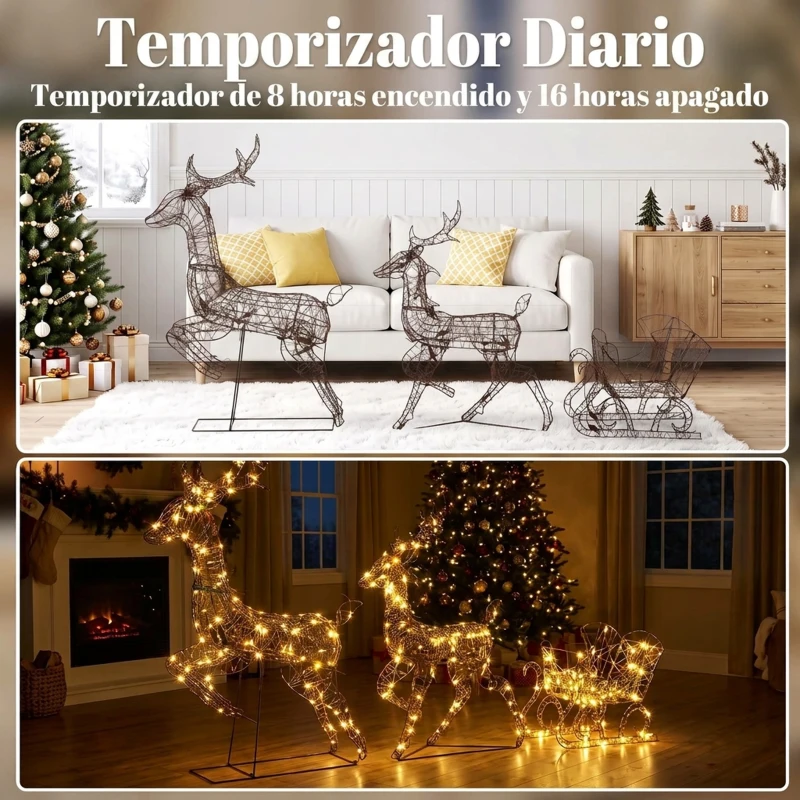 Outsunny Set Navideño de Reno y Trineo con Luces de 3 Piezas de Ratán 240 Luces LED Blanco Cálido 8 Modos y Temporizador