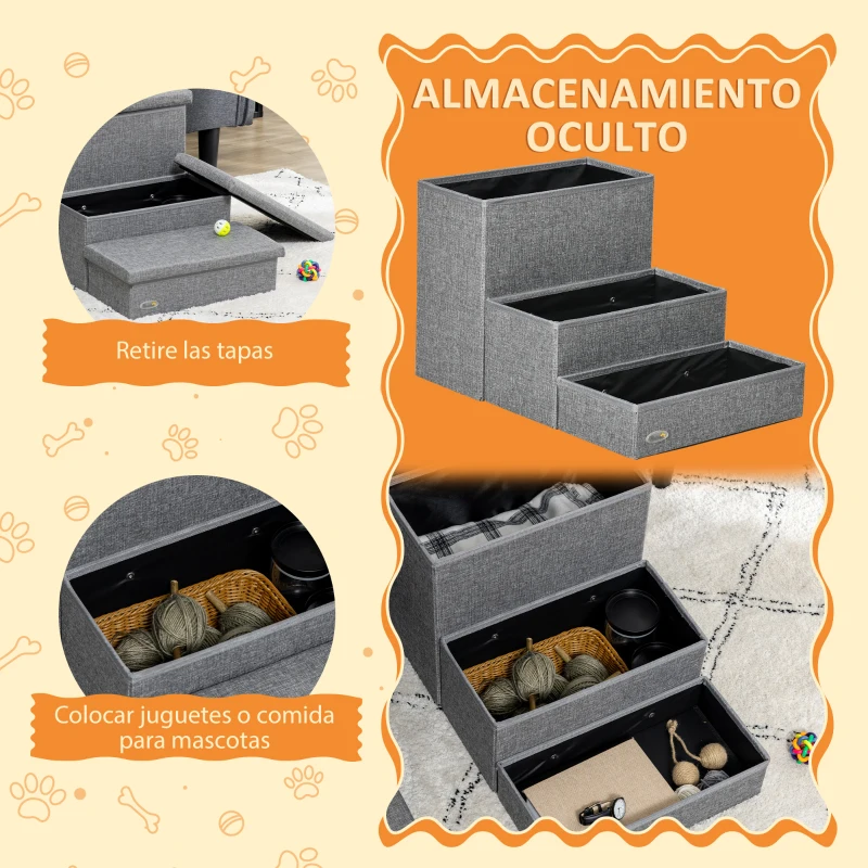 PawHut Escalera para Mascotas de 3 Peldaños Escalones para Perros Gatos con Espacio de Almacenamiento 63,5x42,5x40,5 cm Gris
