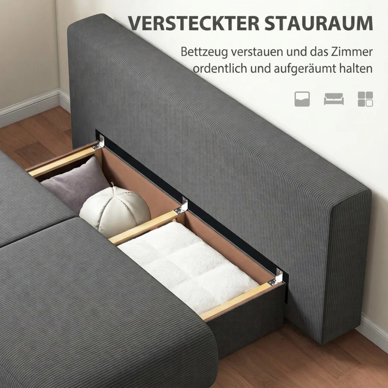 HOMCOM Slaapbank met verstelbare rugleuning, bedfunctie, verborgen opbergruimte en cordbekleding, grijs