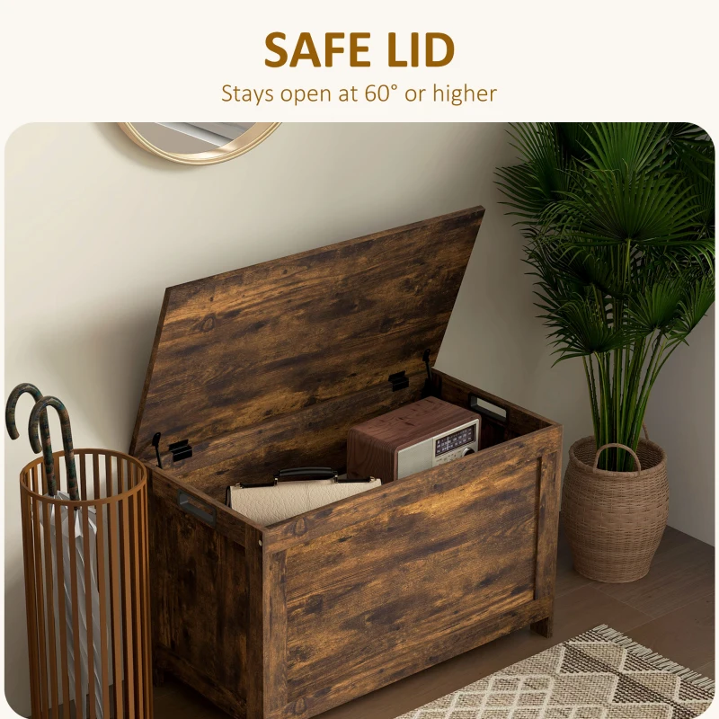 HOMCOM Storage Chest, Modern Storage Trunk with 2 Safety Hinges and Cut-out Handles, Wooden Toy Box for Living Room, Entryway, 76 x 40 x 48 cm, Rustic Brown