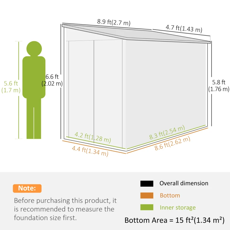Outsunny Magazie metalică 3,5m² 143x270x202cm, șopron cu acoperiș în pantă, ușă dublă încuietabilă, fundație, fante de ventilație