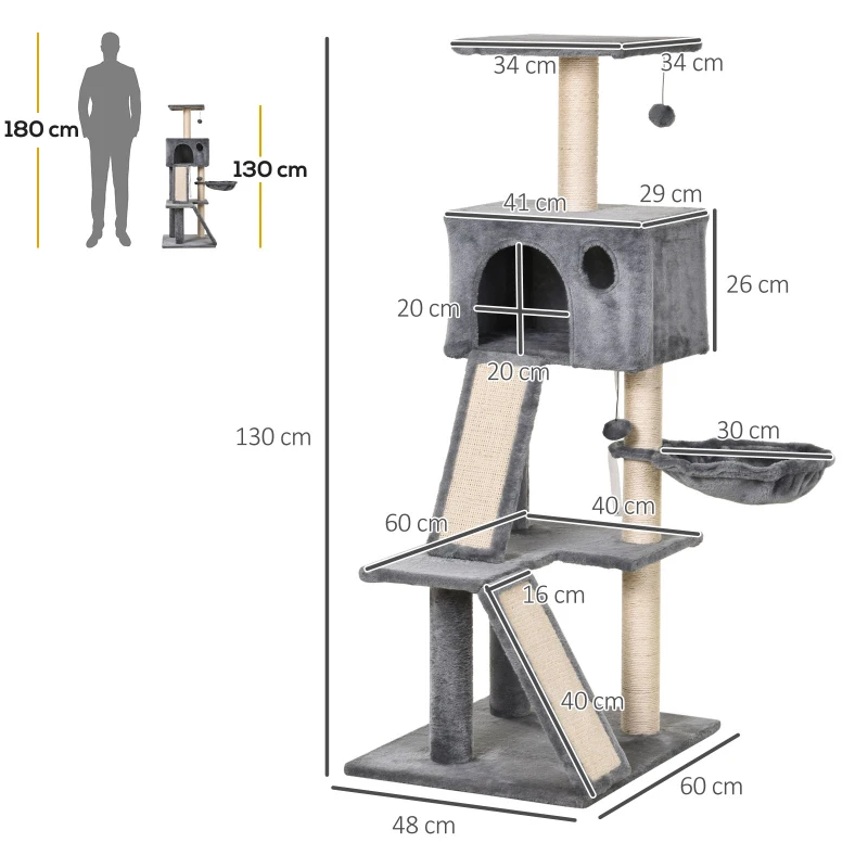 PawHut kattenkrabpaal met sisalpaal klimboom voor katten grijs