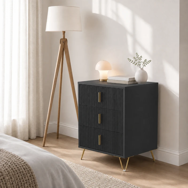 HOMCOM Modern 3-Drawer Dresser, Fluted Bedroom Dresser Chest of Drawers with Metal Legs and Steel Handles for Bedroom, Black