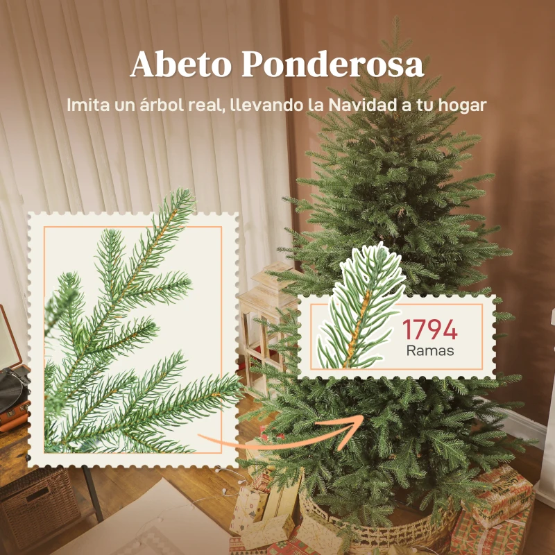 HOMCOM Árbol de Navidad Artificial 180 cm con 1794 Ramas y Soporte Metálico Plegable Fácil Montaje para Salón Interior Verde