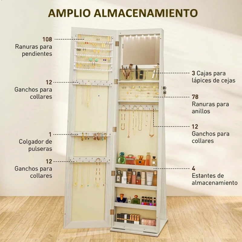 HOMCOM Armario Joyero con Luces LED y Cerradura Espejo Integrada Blanco con Veta de Madera