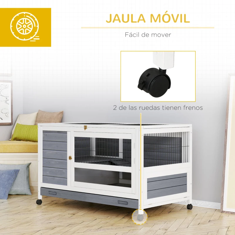 PawHut Conejera de Madera Caseta de Interior para Mascotas Pequeñas 2 Pisos con Ruedas Bandeja Extraíble Rampa 102x60x63,5 cm Gris Blanco