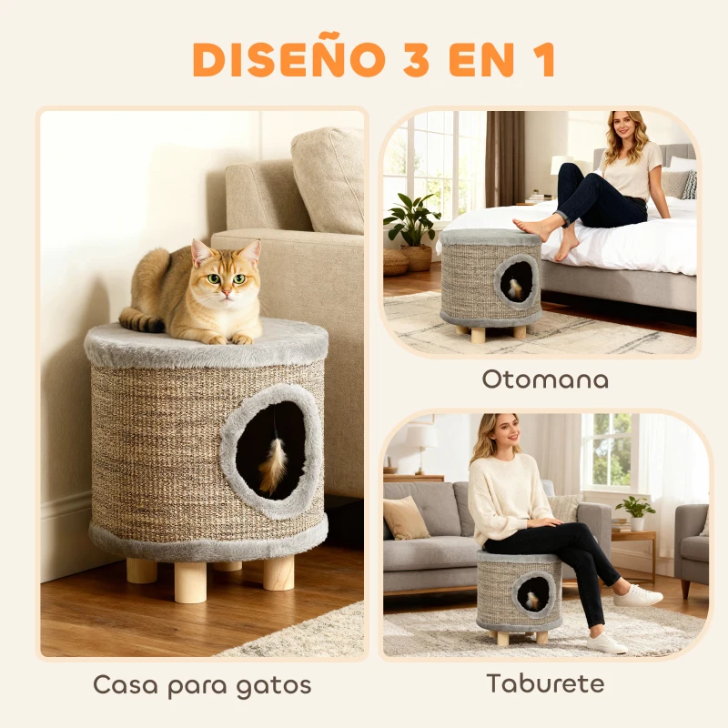 PawHut Casa para Gatos 3 en 1 Taburete Reposapiés Cama para Gatos con Rascador Patas de Madera Pluma 36x36x38 cm Gris