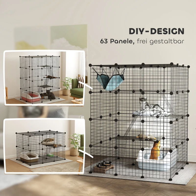 PawHut Kattenkooi voor binnen 4-laags DIY-kattenverblijf met dicht metalen gaas, hangmat, ramp, deuren, springplatforms