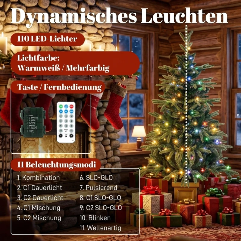 HOMCOM Kunstkerstboom 120 cm met 110 leds, 147 takpunten, 2 lichtkleuren en afstandsbediening