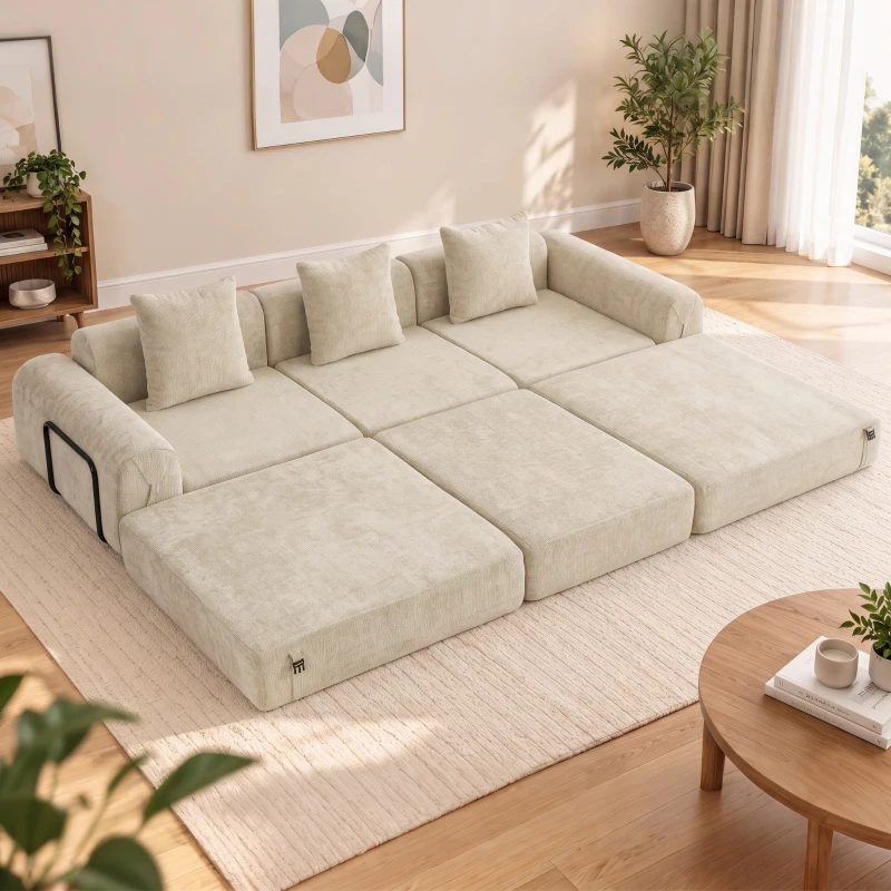 HOMCOM Canapé-Lit Pliable 245 cm, Canapé Compressé 3 Places Modulaire en Chenille avec Assise large, 3 Coussins, Beige
