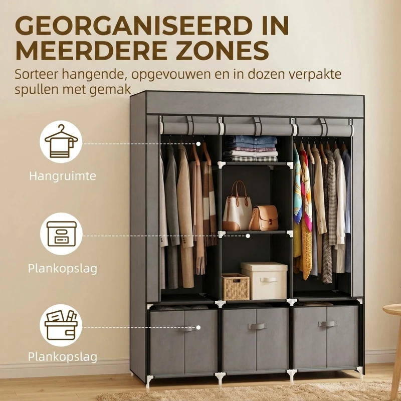 HOMCOM stoffen kledingkast, kledingkast met kledingrekken en laden, opvouwbare kledingkast met ritssluiting, opvouwbare kledingkast voor slaapkamer, niet-geweven stof, donkergrijs, 125 x 43 x 162,5 cm(m-4)