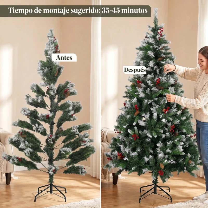HOMCOM Árbol de Navidad Artificial Nevado 180 cm con 840 Ramas Bayas Rojas Piñas Base de Acero Plegable Montaje Rápido Verde