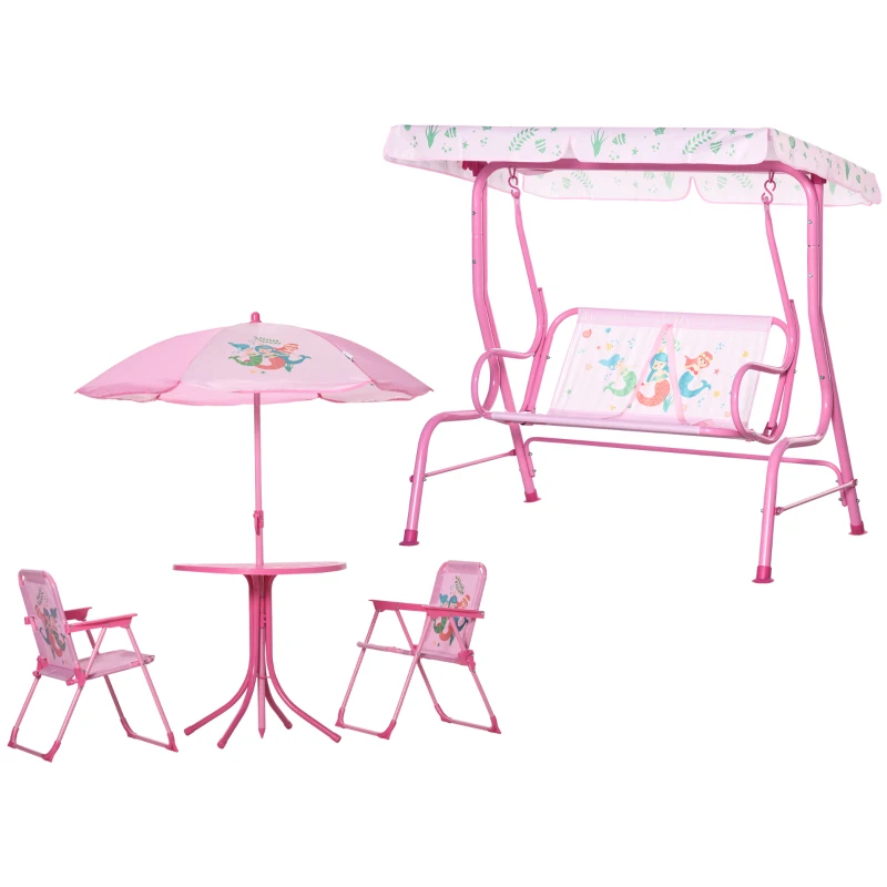 Outsunny 4-teiliges Gartenmöbel-Set für Kinder, mit Hai-Motiv, 1 Hollywoodschaukel, 2 Stühle, 1 Sonnenschirm mit Tisch, Rosa