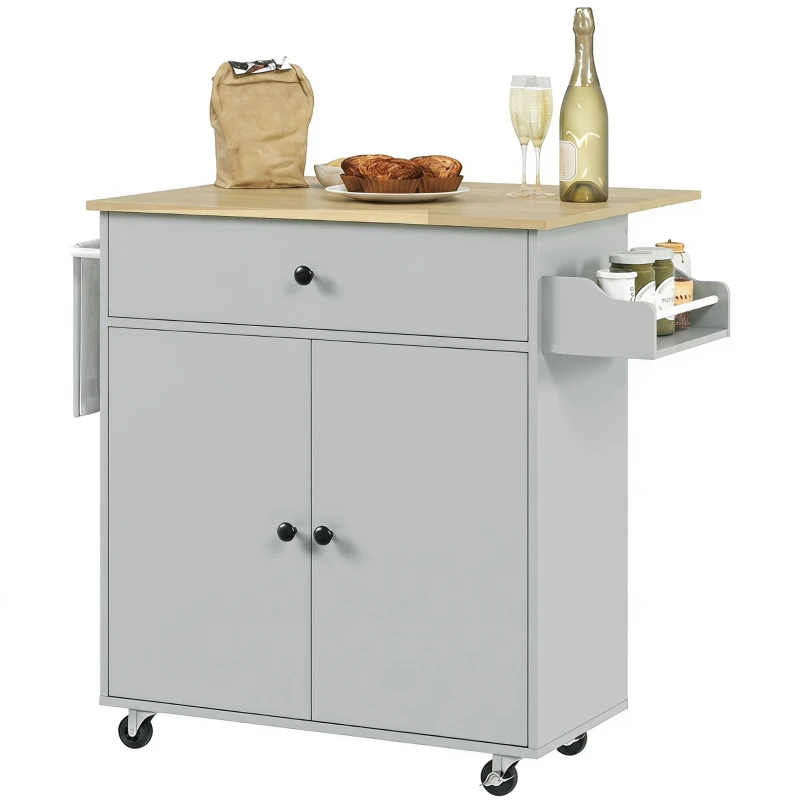 HOMCOM Kitchen Island with Drop Leaf, Rolling Kitchen Storage Trolley on Wheels with Drawer, Spice Rack and Towel Rack, Grey