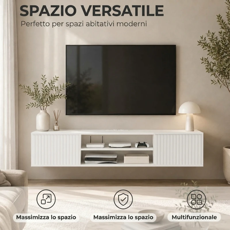 HOMCOM Mobile TV Sospeso, Mobile Porta TV Fino a 65" con Ripiano Regolabile, Luci LED RGB, Prese di Corrente, Bianco
