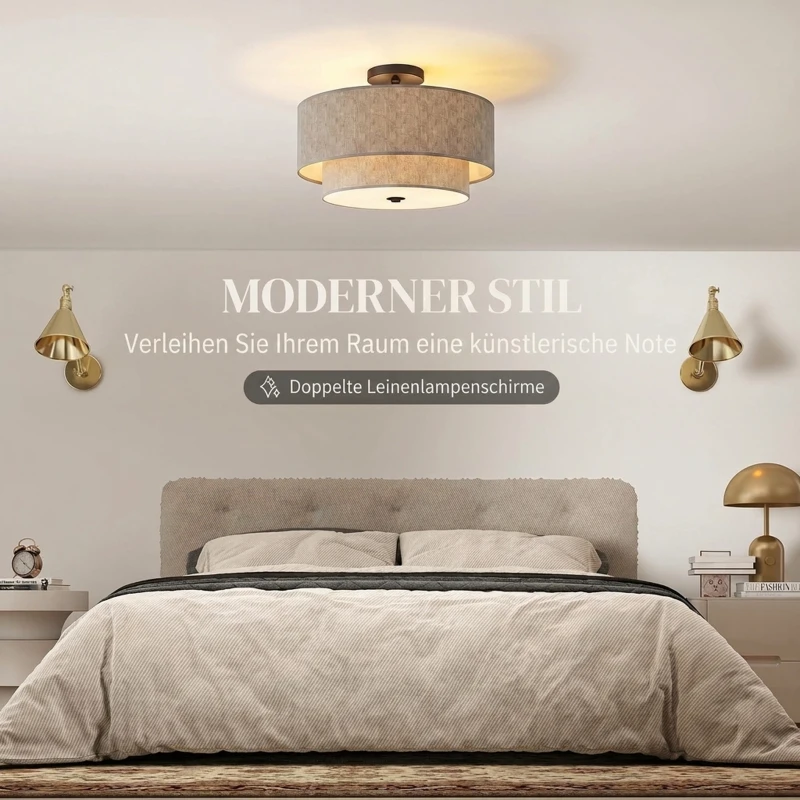HOMCOM Plafondlamp met dubbele lampenkappen in linnen look, taupe