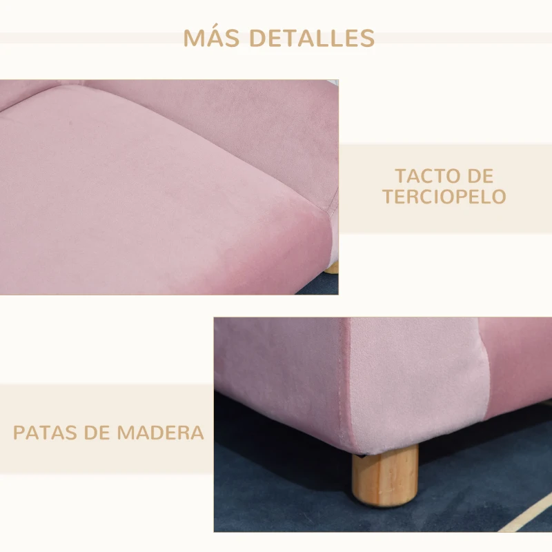 PawHut Sofá para Mascotas Sofá Estilo Moderno para Gatos Perros Pequeños con Respaldo de 3 Ondulaciones Patas Elevadas de Madera 63x43x40 cm Rosa