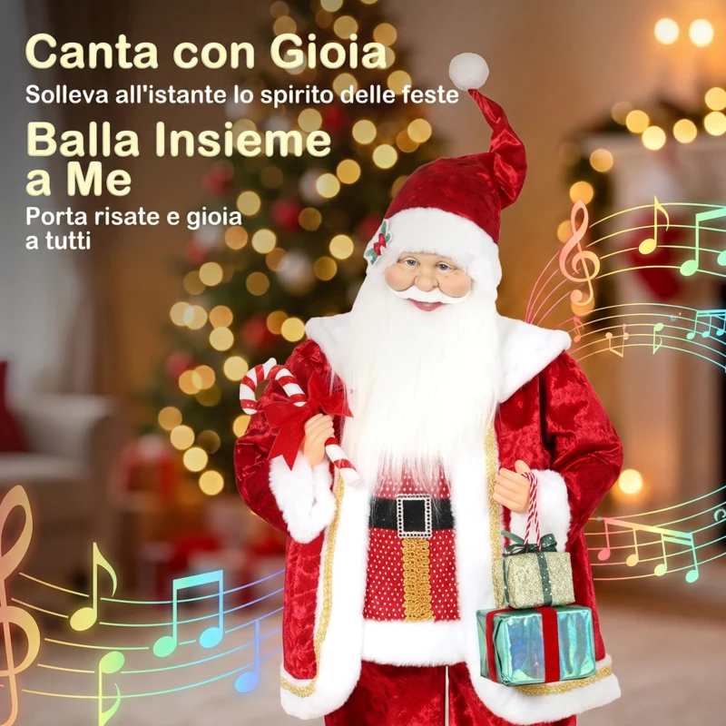 HOMCOM Babbo Natale Animato a Batteria Alto 120 cm con Musica e Movimento, Regali e Bastoncino di Zucchero